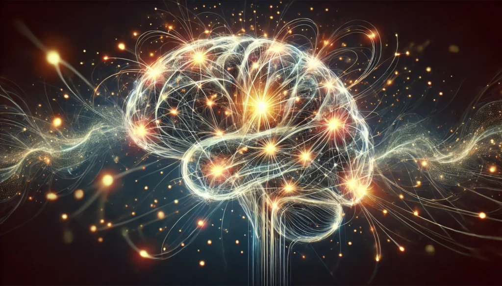 An abstract representation of a brain with glowing pathways connecting different areas, symbolizing the power of memory, problem-solving, and cognitive agility. The dynamic energy lines represent scientifically proven brain enhancement methods.