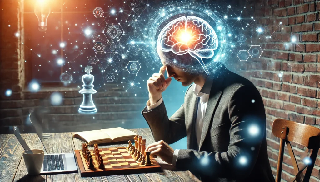 A person engaging in a stimulating mental activity, such as puzzle-solving or chess, with a glowing aura around their head. The scene symbolizes the use of strategic thinking and problem-solving techniques to enhance brain function.