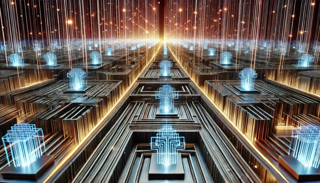 An abstract visualization of a memory palace with glowing pathways, symbolizing structured memory-boosting techniques. The illuminated corridors represent organized and efficient knowledge retention.