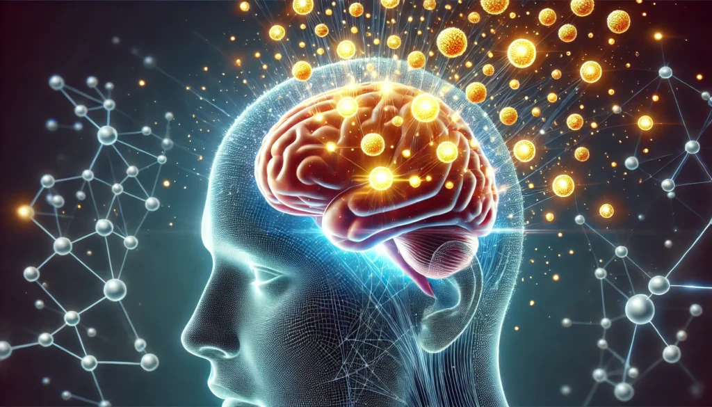 A conceptual image of a brain absorbing glowing knowledge particles, symbolizing effective memory-boosting strategies. The particles integrate seamlessly, representing enhanced recall and cognitive improvement.