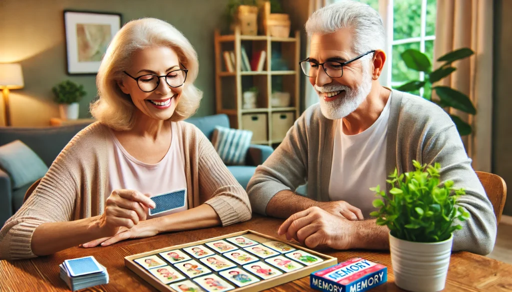 A senior couple enjoying a memory card game at a cozy dining table, with neatly arranged cards and a warm home interior, highlighting how to play memory games for relaxation and cognitive engagement.