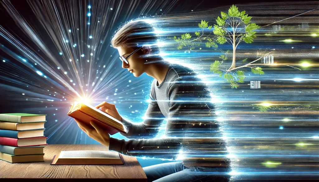 A student practicing the 'Speed Reading' technique, scanning through a book at an accelerated pace with streaks of light symbolizing rapid comprehension and fast knowledge absorption.