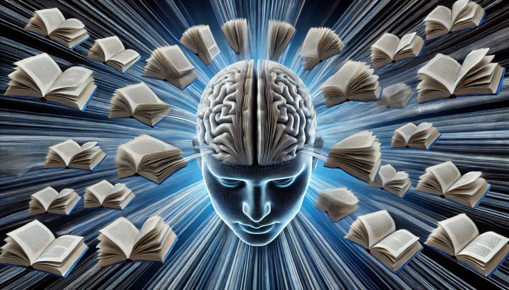A conceptual image of a brain processing multiple streams of book pages at once, symbolizing speed reading techniques. The pages merge into the brain, representing rapid comprehension and retention.