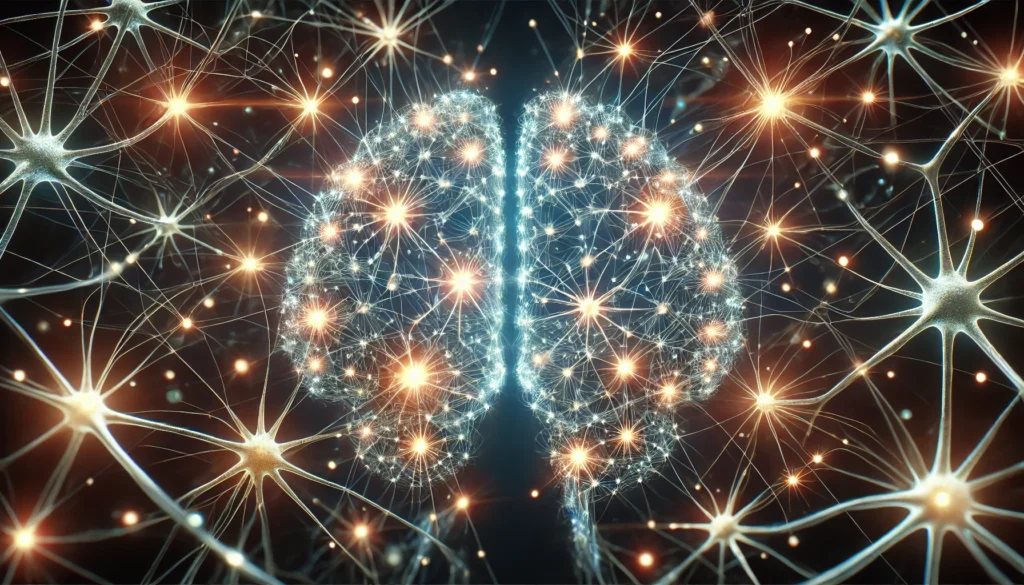 An abstract representation of brain neurons forming new connections, symbolizing neuroplasticity. The interconnected glowing synapses illustrate the brain's ability to rewire and strengthen cognitive functions.