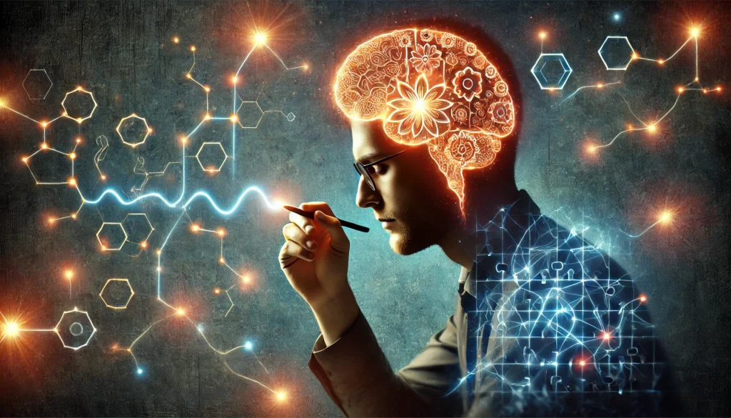 A conceptual image of a person solving a complex puzzle, with glowing brain waves illustrating cognitive growth and neuroplasticity. The interconnected puzzle pieces symbolize the brain’s ability to adapt and form new connections through learning.
