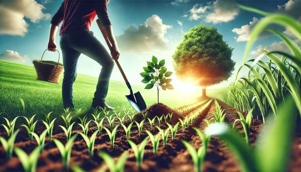 A person planting a tree in a green field, symbolizing growth, patience, and dedication in achieving long-term goals
