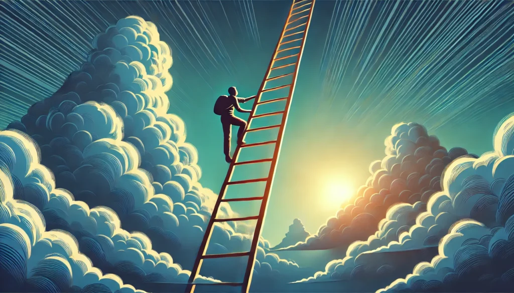 A person climbing a ladder into the clouds, symbolizing ambition, perseverance, and the pursuit of long-term goals