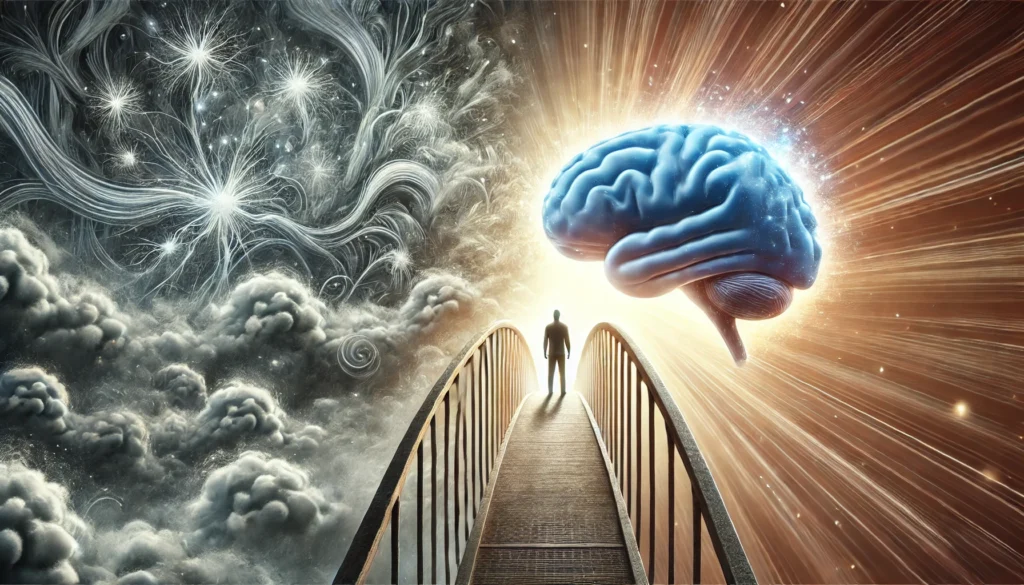 A symbolic illustration of Lisinopril’s cognitive effects, depicting a person standing on a bridge between a foggy, chaotic mind and a bright, structured brain. The bridge represents improved blood flow and neural function, with the background transitioning from shadowy to radiant light.