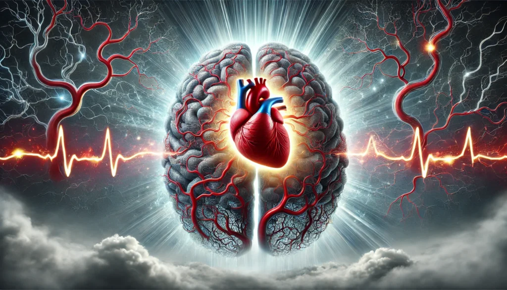 An artistic representation of Lisinopril’s potential impact on memory, featuring a brain composed of intricate blood vessels with a glowing heart at its core. The blood vessels pulse with light, symbolizing improved oxygen flow to the brain, transitioning from a cloudy, foggy side to a sharp, clear one.