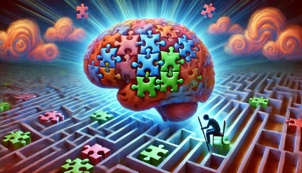 A surreal brain with missing puzzle pieces, symbolizing forgotten tasks and lost thoughts, with vibrant but slightly blurred colors to depict cognitive fog.
