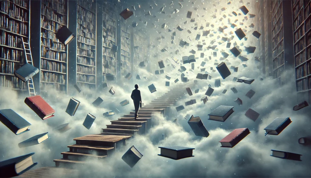 A person wandering through a misty library with floating, scattered books, illustrating the struggle to retrieve and organize information.