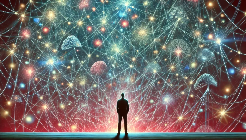 A figure in front of a glowing tangled web of threads, with some fading away, conveying cognitive overload and slipping memories.