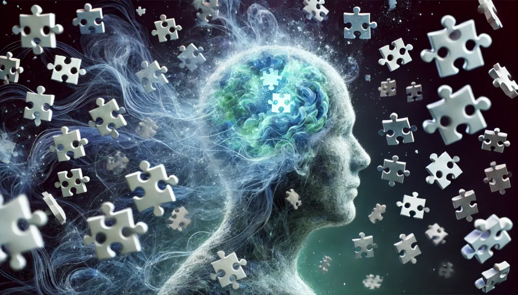 An abstract depiction of Lunesta’s effects on cognition. A translucent human head filled with swirling blue mist, symbolizing fading thoughts. Scattered puzzle pieces float around, disintegrating into the background, representing memory loss and dementia risk.