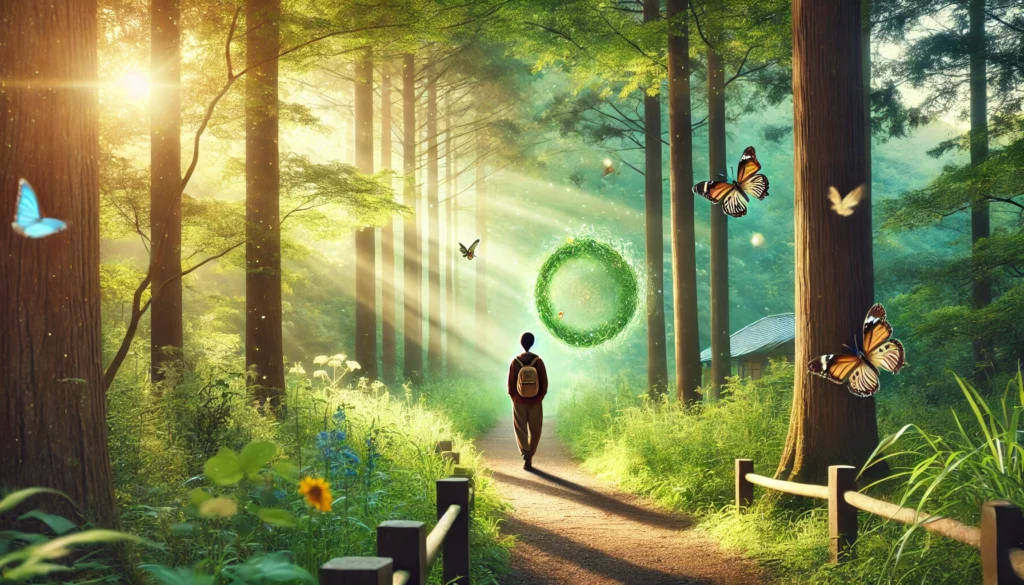 A peaceful outdoor mindfulness walk through a forest path, with sunlight filtering through tall trees as a person strolls mindfully amidst birds and butterflies.