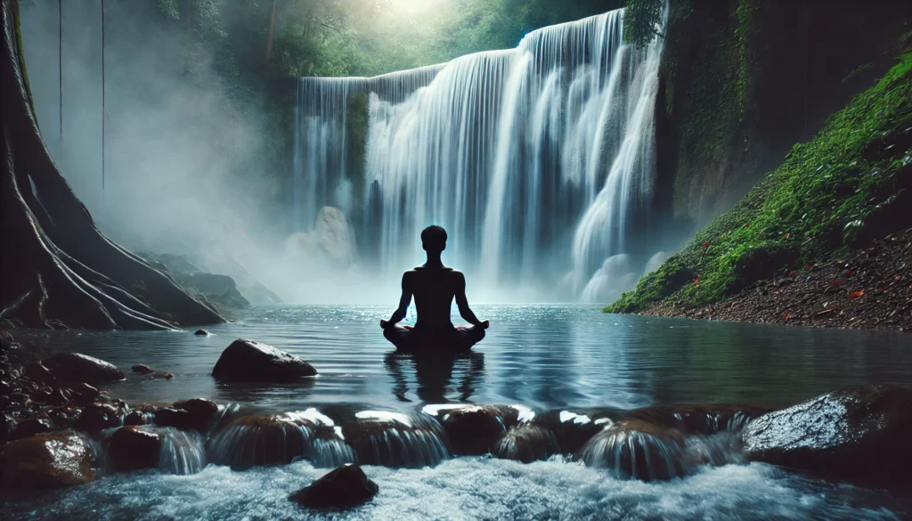 A person seated in a meditative posture near a gently flowing waterfall, with mist rising around them. The scene symbolizes tranquility, balance, and the calming power of water in mindfulness practices.