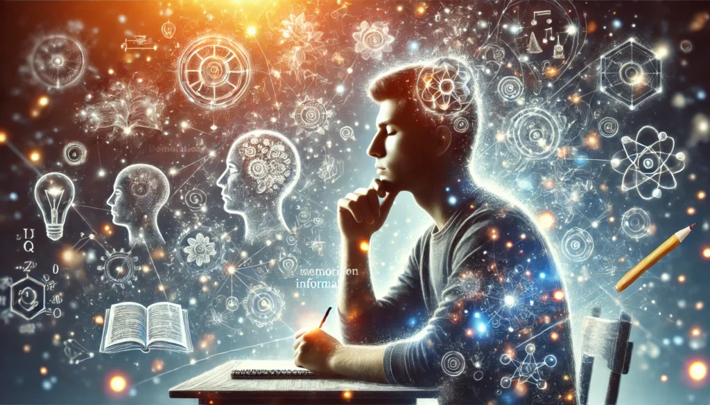 An artistic depiction of a person using visualization techniques to memorize information quickly. The dreamy atmosphere illustrates how to memorize something fast in 5 minutes through mental imagery