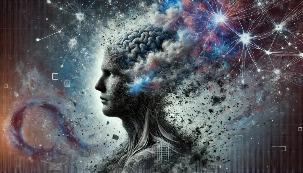 Surreal depiction of anxiety-induced memory loss, showing a fragmented human head surrounded by swirling mist and fading neural connections