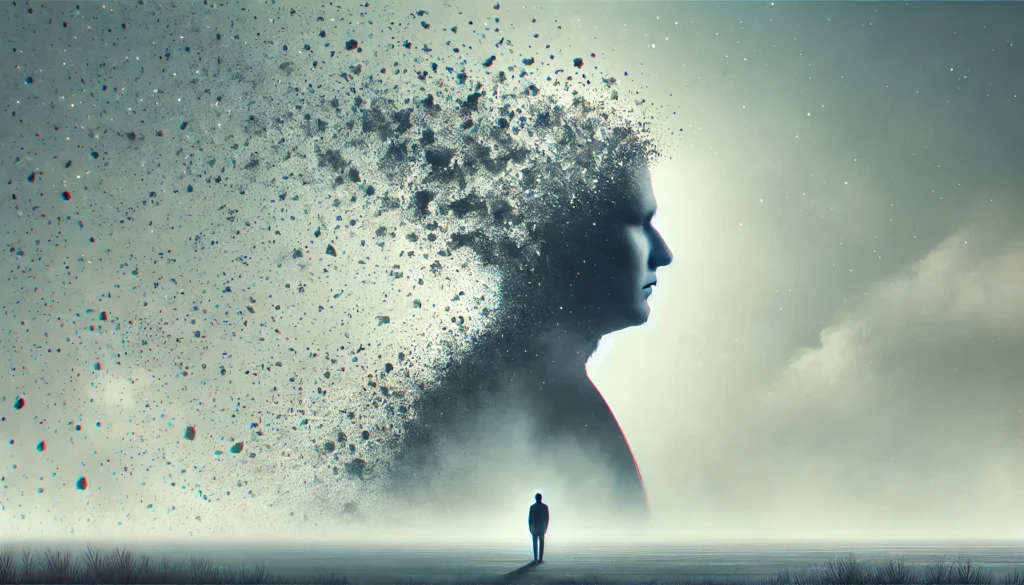 A surreal depiction of a person standing in a foggy landscape with a dissolving silhouette, representing forgetfulness and the impact of bad memory causes