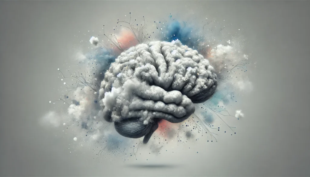 A surreal representation of the brain with scattered neural pathways and a fog-like effect, symbolizing confusion and memory impairment caused by drugs that affect memory