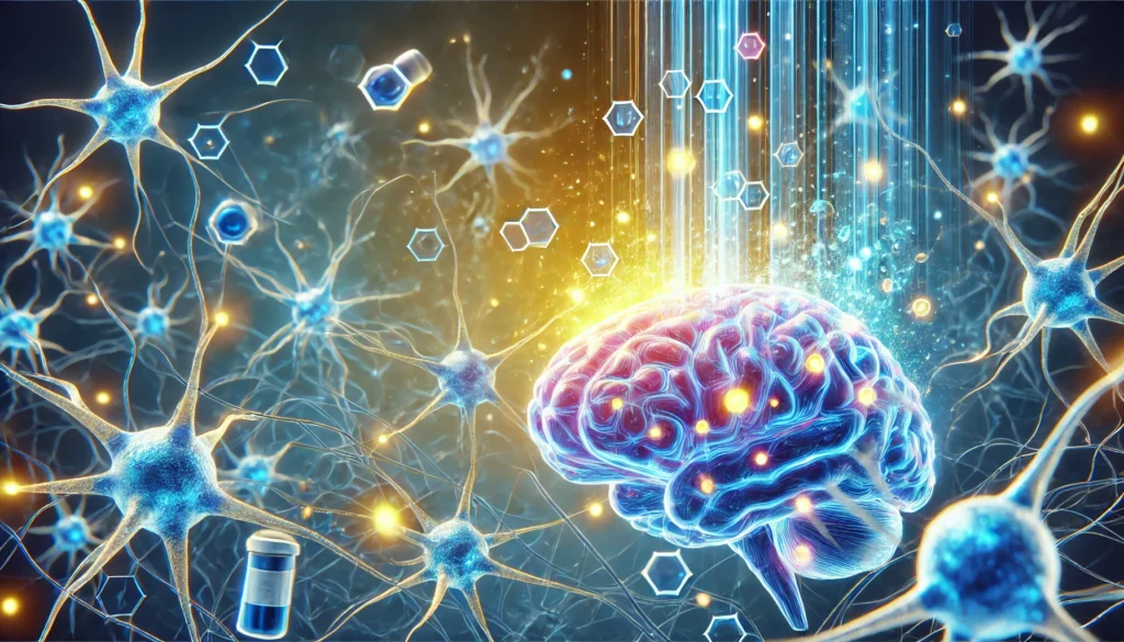 A vivid 3D illustration of neural synapses blocked by medication molecules, showing the mechanism of drugs that cause memory loss with glowing neural connections fading