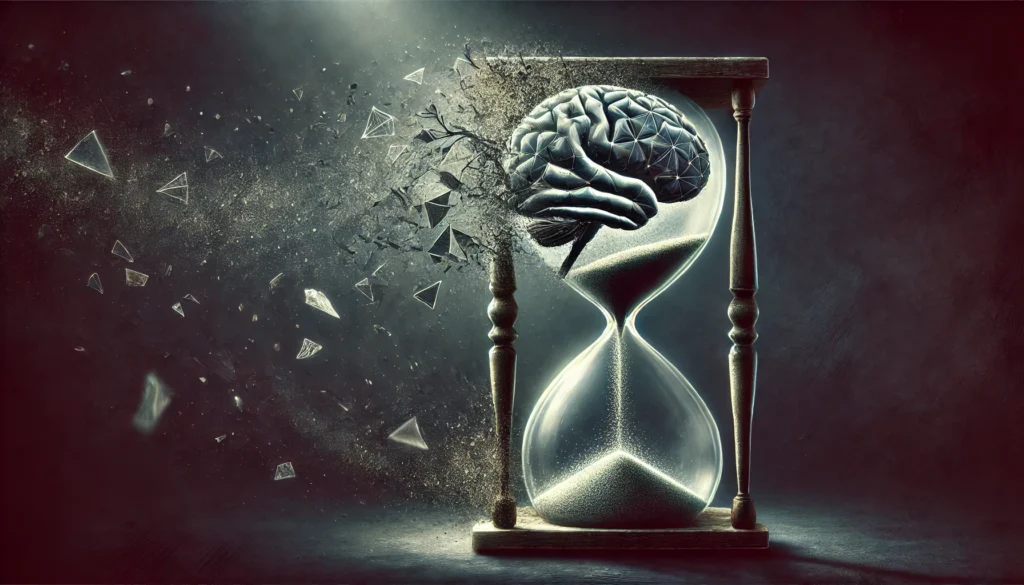 A dramatic artistic representation of a shattered hourglass with sand dispersing into the air, symbolizing the fleeting nature of memory and bad memory causes