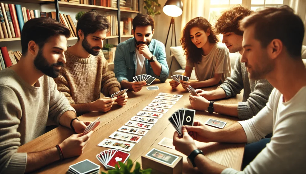 A group of friends playing a classic card-based memory game around a table, with cards laid out face down, set in a warm living room with bookshelves and a lamp, showcasing memory games.
