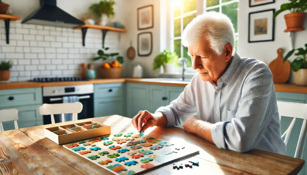 An elderly individual playing a memory puzzle game with colorful matching pairs at a sunny dining table, set in a bright and cozy kitchen with natural light streaming in, emphasizing memory games.
