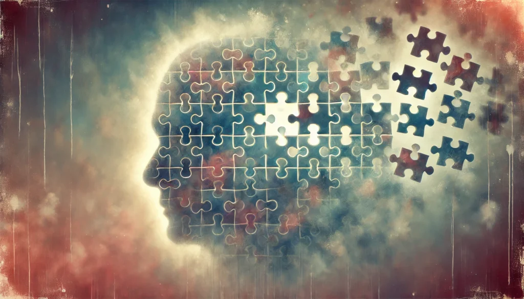 A conceptual artwork of a puzzle with missing or fading pieces, symbolizing memory loss and cognitive decline. The abstract background creates an emotional and thought-provoking atmosphere.