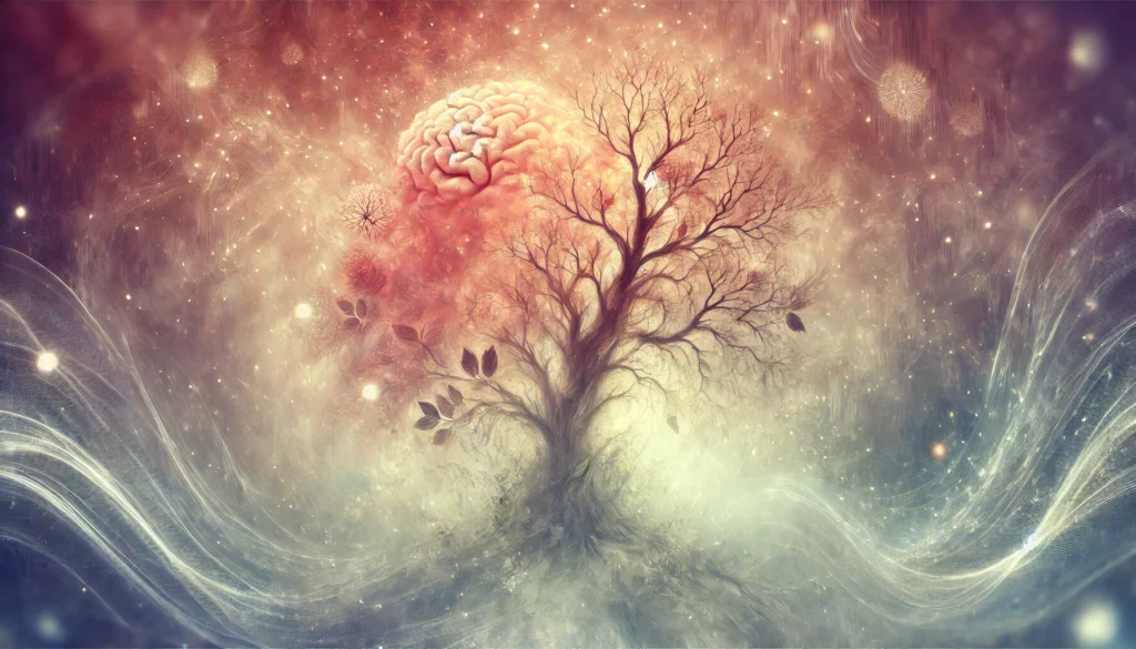 An artistic visualization of a tree with fading or disappearing leaves, symbolizing memory loss and cognitive decline. The soft, ethereal glow in the background evokes an emotional and reflective mood.