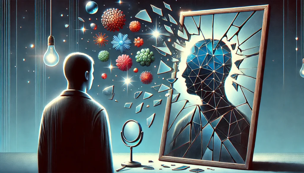 A symbolic illustration of memory processing disorder symptoms, showing a person looking into a shattered mirror where different pieces reflect distorted or missing memories. The cracks in the mirror represent fragmented recall and cognitive challenges.