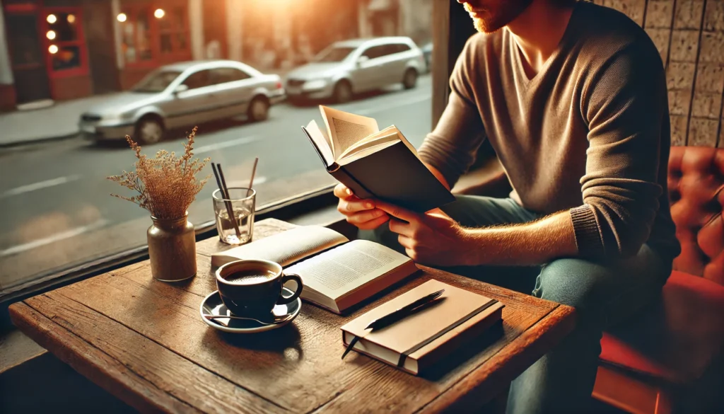 A man sitting in a quiet café, deeply engaged in a male self-help book, with a cup of coffee and a contemplative atmosphere symbolizing personal development