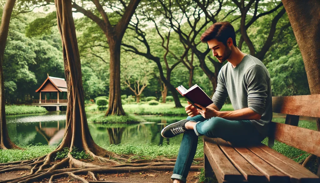 A man reading a male self-help book in a peaceful outdoor park, sitting on a wooden bench surrounded by trees and nature, reflecting on personal growth and mindfulness