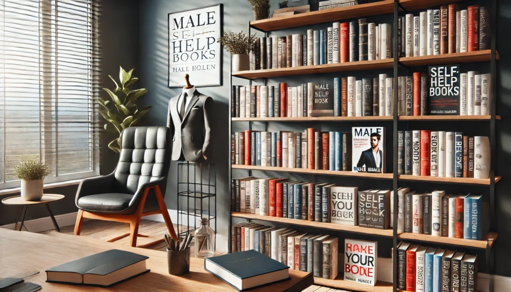 A stylish bookshelf filled with male self-help books, neatly arranged in a modern reading space, creating an atmosphere of motivation and personal development