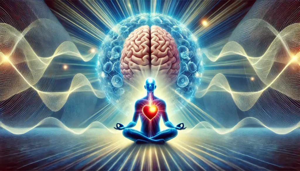 A surreal image of a person meditating with a glowing brain and heart, surrounded by a peaceful aura. The radiating light waves symbolize the harmony between emotional stability and cognitive performance.