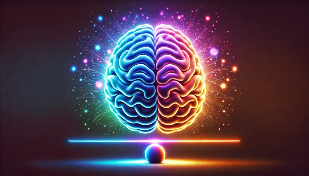 A conceptual representation of a balanced brain with glowing hemispheres, one side radiating calm, soothing colors and the other vibrant, active hues. This symbolizes the interplay between mental health and cognitive function.