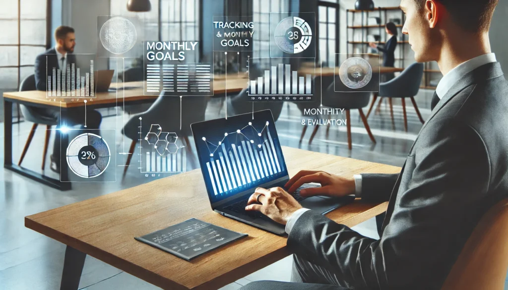 Professional analyzing charts and graphs on a laptop in a modern office, demonstrating monthly goals examples for tracking and evaluation