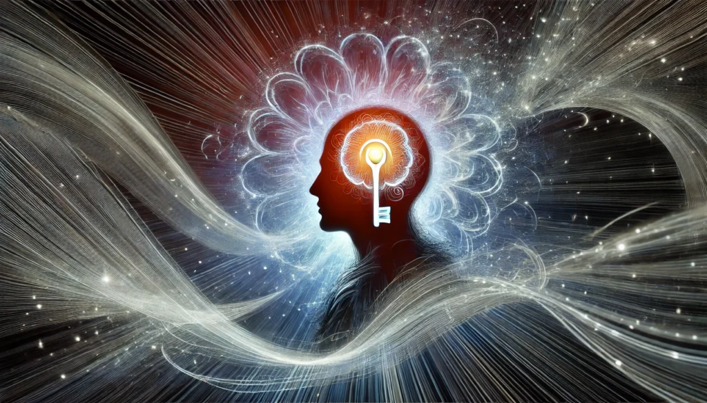 An abstract image of a person’s silhouette with a glowing mind, surrounded by swirling streams of energy, symbolizing the unlocking of mental potential. The dynamic movement represents focus, clarity, and inspiration.