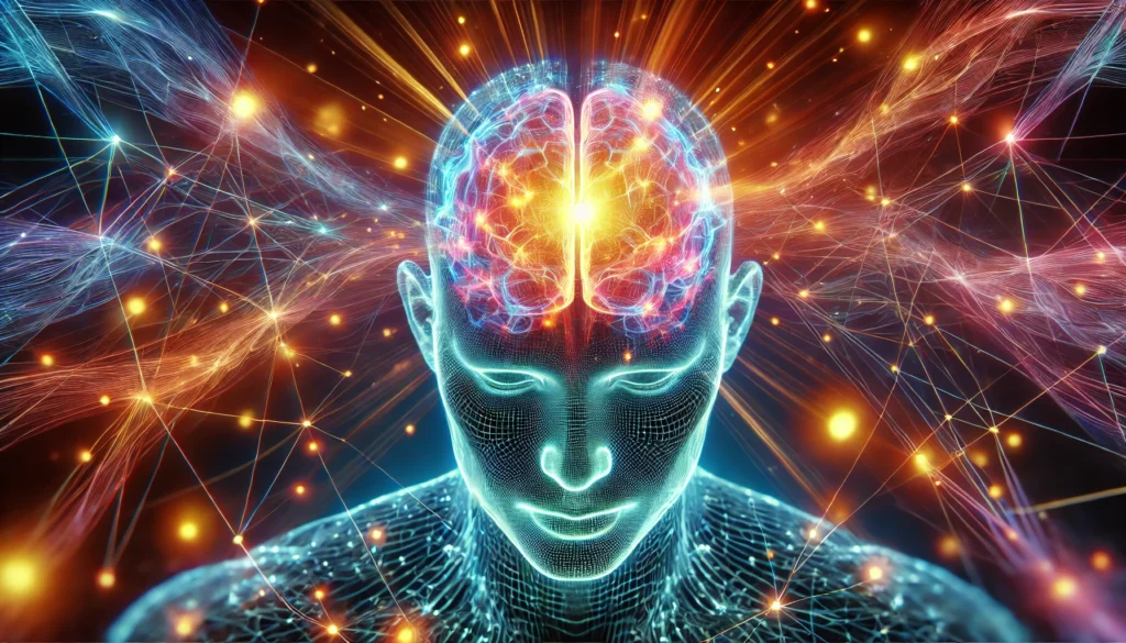 A futuristic representation of neural pathways illuminated with vibrant energy, symbolizing brain activation and peak mental performance. The glowing connections represent intelligence, memory, and problem-solving skills.
