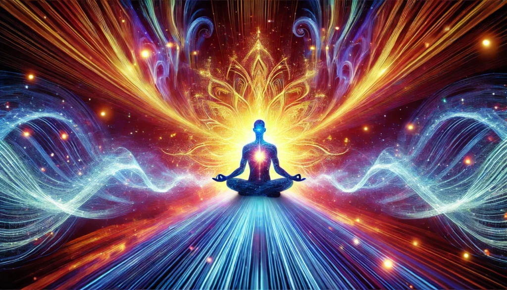 A vibrant and dynamic scene of a person meditating in a glowing field of energy, symbolizing mindfulness and mental rejuvenation. The radiating energy waves represent inner strength, clarity, and cognitive boost.