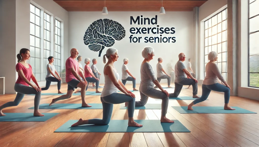 A group of seniors participating in a yoga class for cognitive and physical health, in a bright studio with large windows and natural light, highlighting mind exercises for seniors.