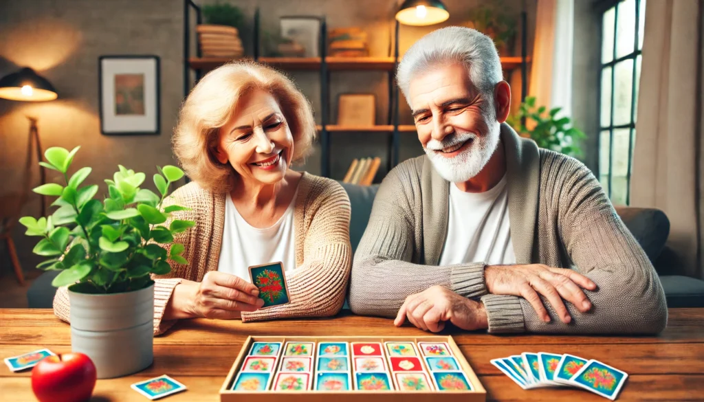 An elderly couple playing a memory card game at a wooden dining table, surrounded by soft lighting, a potted plant, and bookshelves, showcasing mind exercises for seniors.