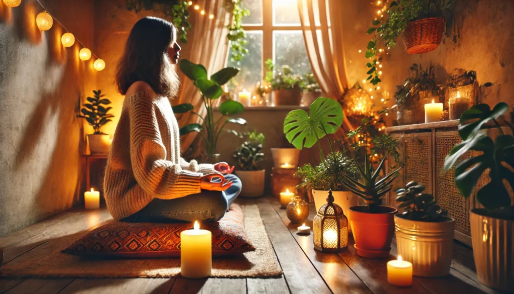 A person meditating in a cozy indoor space with soft candlelight and lush houseplants, fostering a calming atmosphere for mindfulness and emotional relief.