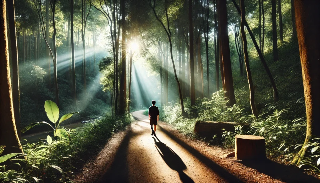 A tranquil scene of a person walking mindfully along a forest trail with sunlight streaming through the trees, highlighting the connection between mindfulness and nature.