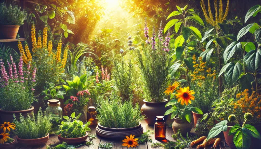 A lush herbal garden filled with vibrant mood-enhancing plants like rosemary, ginseng, and St. John’s Wort. The sunlight filters through the leaves, creating a warm and uplifting atmosphere.