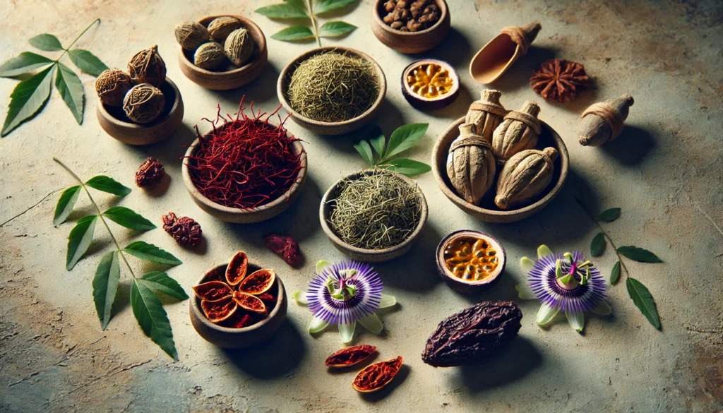 An artistic composition of dried and fresh mood-boosting herbs like saffron, maca root, and passionflower, elegantly arranged in small ceramic bowls on a textured surface. The soft lighting highlights their natural healing properties.