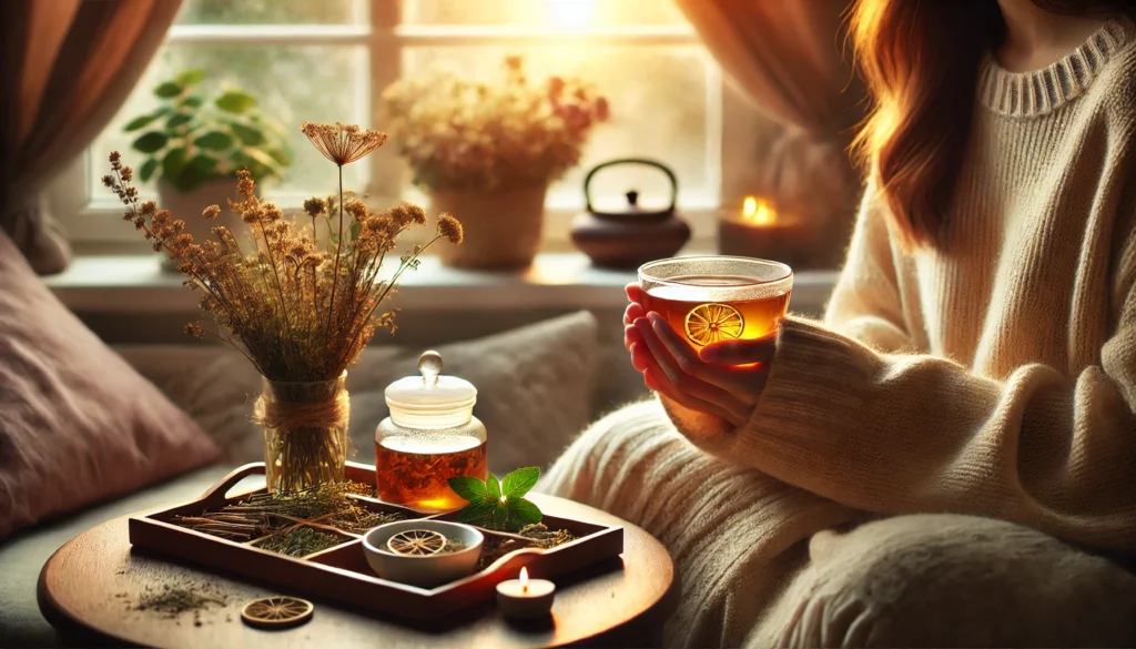 A cozy home setting where a woman enjoys a cup of herbal tea by a softly lit window, with fresh herbs and dried flowers on the table. This warm ambiance represents relaxation therapy for pain relief through herbal remedies and comfort.