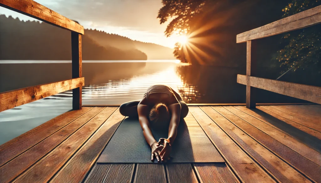 A peaceful outdoor yoga session at sunrise with a person practicing gentle stretches on a wooden deck overlooking a calm lake. This serene scene illustrates relaxation therapy for pain relief through movement and mindfulness.