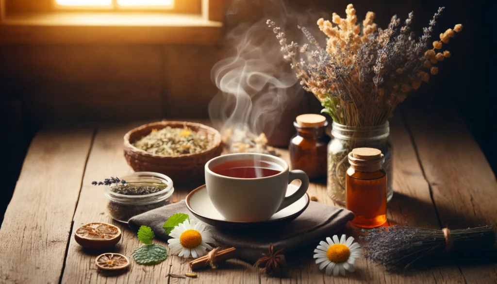 A cozy scene featuring a steaming cup of herbal tea surrounded by dried herbs and flowers, highlighting the calming effects of herbal supplements like lavender and St. John's Wort as natural antidepressants.