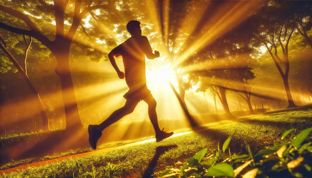 An energetic individual jogging in a lush park during sunrise, illustrating the benefits of physical activity in boosting mood and reducing depression naturally.