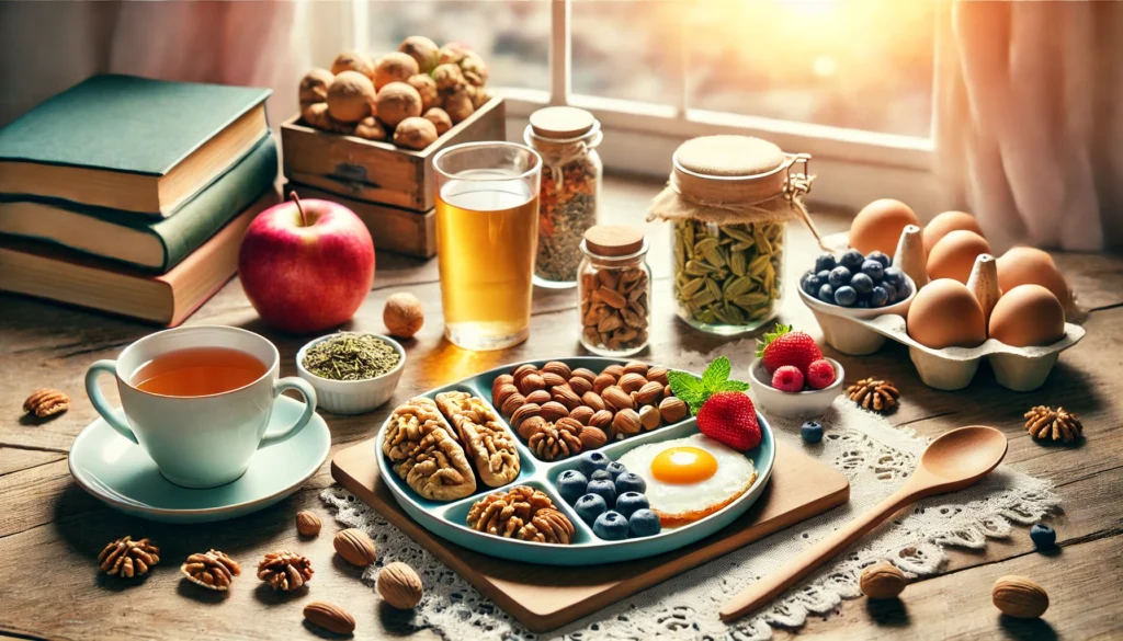 A healthy breakfast scene with brain-boosting foods like nuts, berries, and green tea, arranged on a wooden table by a window with soft morning sunlight streaming in. The setting symbolizes nourishment for memory and focus.